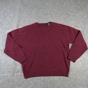 Vintage John Ashford Sweater Mens Large‎ Pure Wool V-Neck Burgundy Knit Pullover